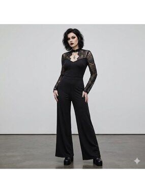 Rosegal Jumpsuit NWT Plus Size 2XL Black Eyelash Lace LS Wide Leg Evening Party